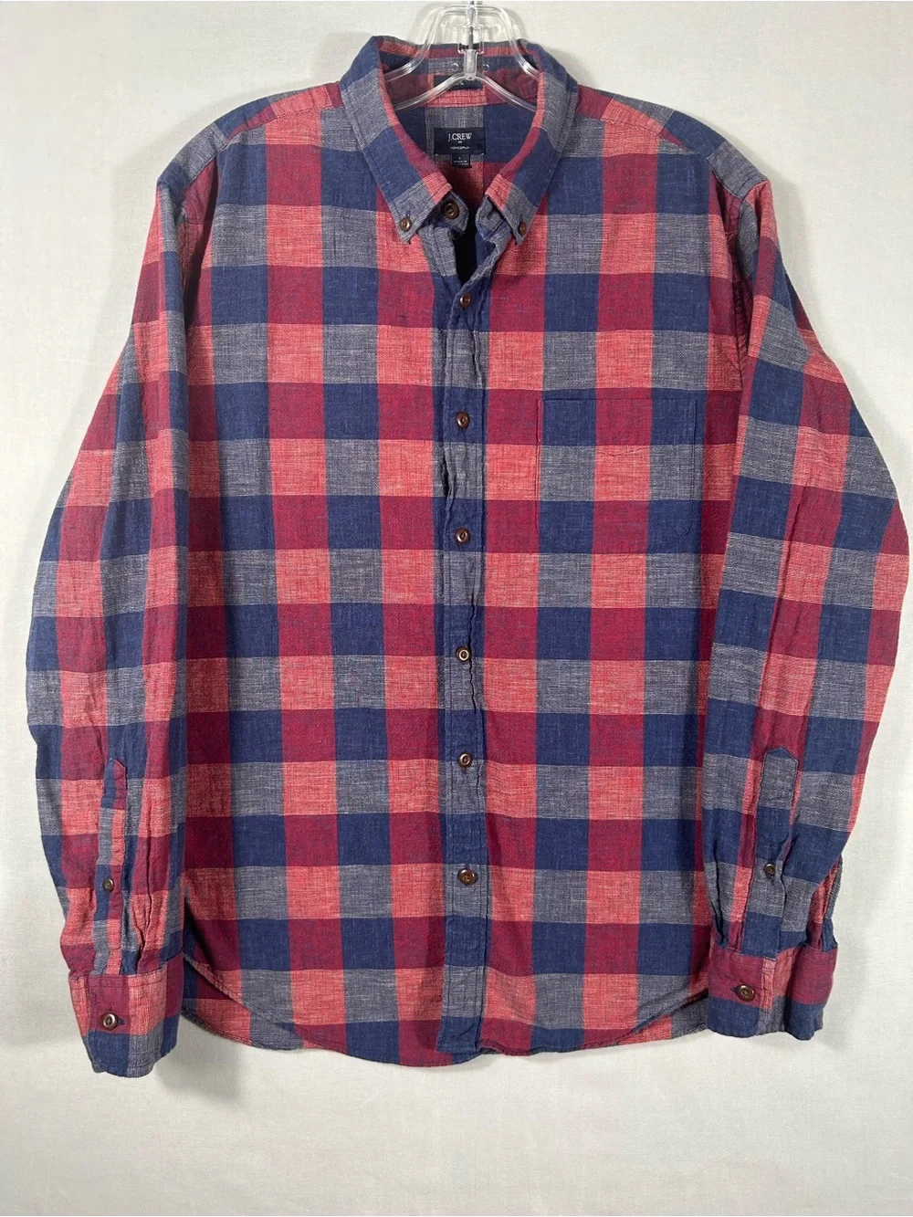 J.Crew Men Slim Fit Shirt Large Navy Red Plaid Buffalo Checkered Cotton